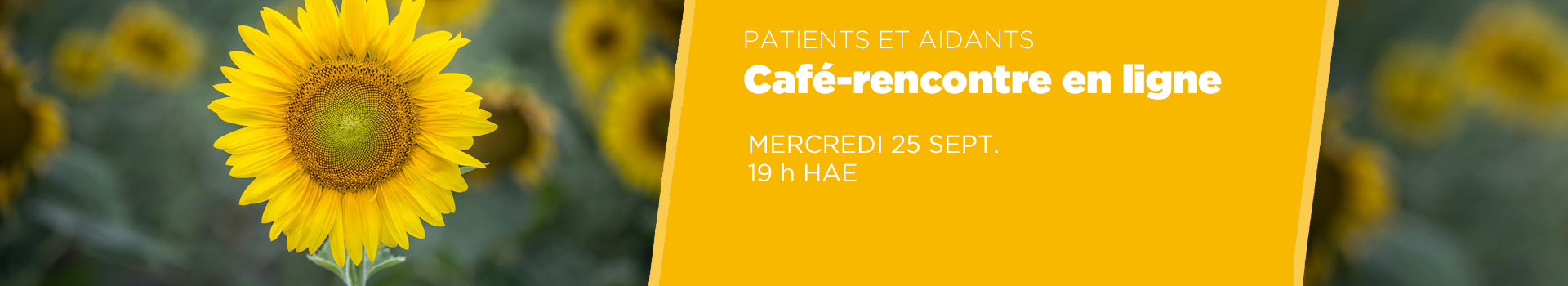 French language horizontal banner with sunflower about online coffee chat on September 25 at 7:00pm